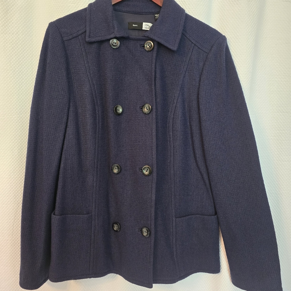 NWT Saks Fifth Avenue Sport Double-Breasted Wool Peacoat, Size 12, Navy